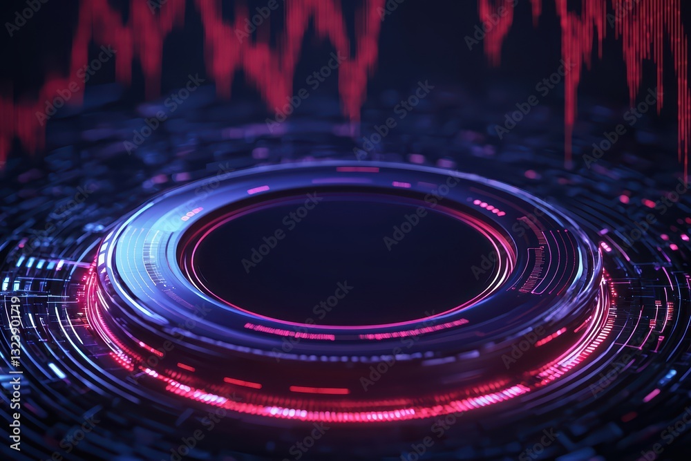 Poster dynamic market expansion concept with stock chart visualization and circular interface design