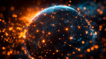 Abstract 3D globe with glowing connection lines, symbolizing global connectivity and digital networks.