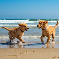 puppies playing on the beach