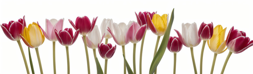 "Experience the elegance of spring.  
Vivid tulips gracefully arranged against a pure white background,  
highlighting the delicate beauty of seasonal blooms."