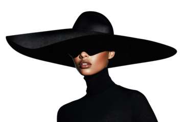 A black Woman wearing a big black Hat, Elegant Fashion Model Retro Beauty Portrait isolated over transparent background, PNG cut-out