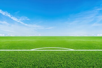 Obraz premium Minimalist Soccer Field in Abstract Concept Under Bright Blue Sky with Green Grass