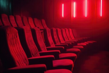 cinematic row of plush scarlet theater seats under dramatic lighting, capturing the anticipation of performance with rich textures and deep shadows