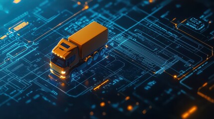 Futuristic Concept of Modern Transportation with Drone and Truck on Digital Blueprint Background