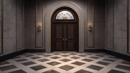 Elegant interior with a dark wood door, marble floors, and sconces. Classic design with neutral tones and gold accents.