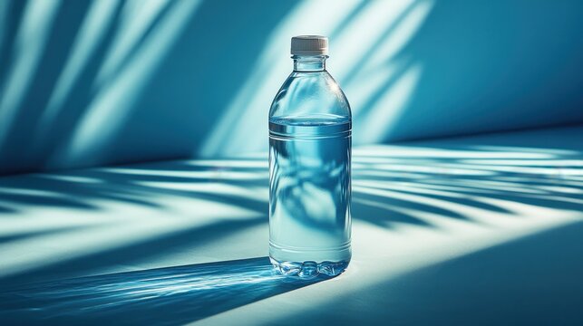 A crystal-clear water bottle rests against a serene blue backdrop, bathed in soft, diffused shadows that cast a gentle halo around its sleek form, evoking a sense of tranquility and freshness.