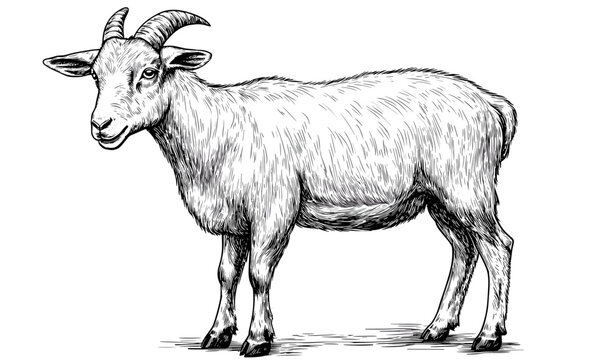 recommend clip art: Goat standing illustration, detailed farm animal, line art, linear icons set, vector.