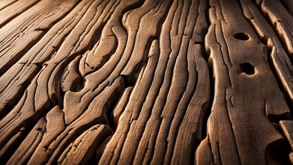 Fototapeta premium Close-up a richly textured, dark brown wood surface deep grooves knots.