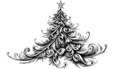 Elegant christmas tree with star topper, swirling ornaments, elegant design &mdash; vector, linear icons set.