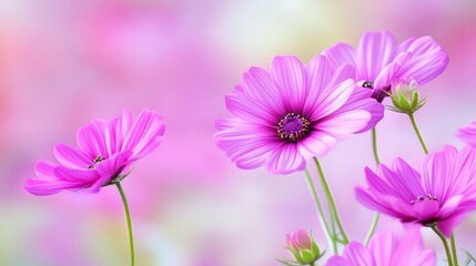 Fototapeta premium Vibrant pink flowers bloom in a soft-focus garden, creating a serene and colorful backdrop