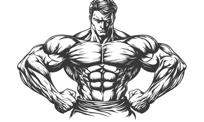 Fototapeta premium Muscular bodybuilder posing, strongman fitness drawing - linear icons set, vector.