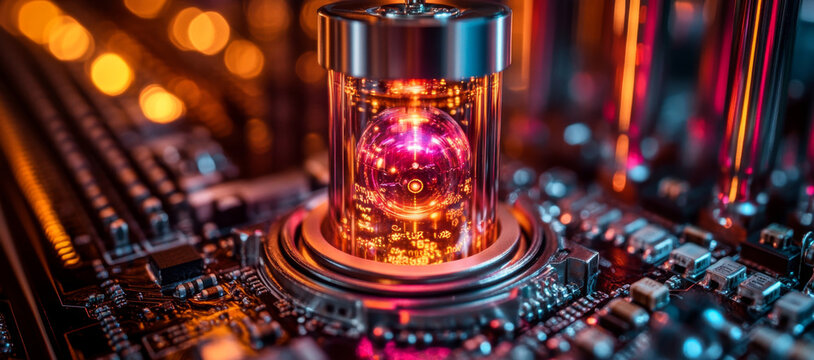A glowing qubit encapsulated in glass sits prominently within an advanced circuit board. Surrounding components pulse with vibrant colors, highlighting the complexity of quantum technology.