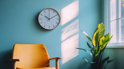 A pristine white wall served as the backdrop for a sleek, modern wall clock, its hands meticulously marking the passage of time against a tranquil, light turquoise hue, evoking a sense of serenity