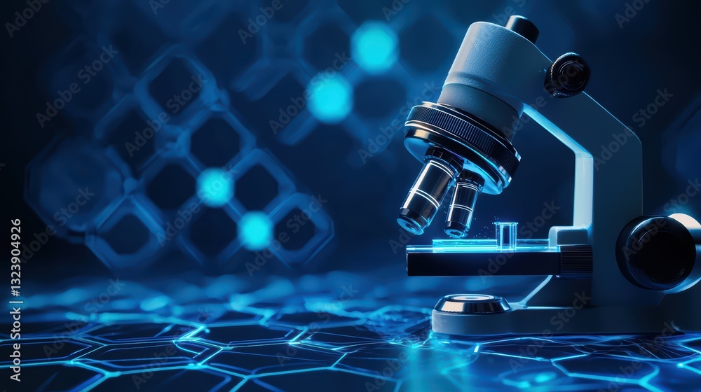 Poster futuristic microscope design with molecular patterns in a sci-fi laboratory environment