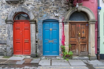 Naklejka premium Photo of Bright color european style wooden doors. Detailed image