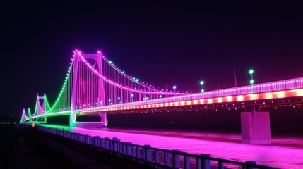 Obraz premium Spectacular illuminated suspension bridge at night with vibrant colors