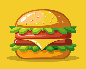 juicy cheeseburger with melted cheese, lettuce, and tomato, on a solid yellow background.