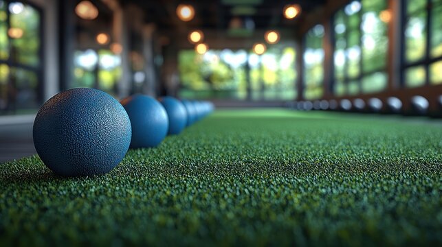Blue bocce balls on green artificial turf in a modern indoor setting.