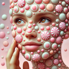 Portrait of Candy Pox. Ayoung woman's face covered in pink and white candy-like bumps, resembling a fictional condition called Candy Pox.