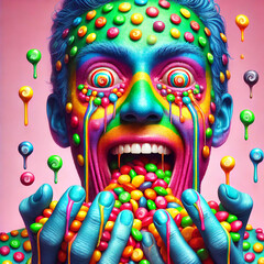 Surreal Candy Overload – Vibrant Psychedelic Art. A striking and surreal digital artwork of a person with a vividly painted blue face, covered in multicolored candy pieces. Their eyes are transformed 