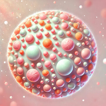 Surreal Candy Pox Planet. A spherical object covered in pastel-colored, candy-like bubbles, resembling a microscopic view of a fictional "Candy Pox" disease or a fantastical candy-coated planet.