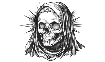 Obraz premium Human skull with spiked halo and hood, monochrome linear icons set, vector.