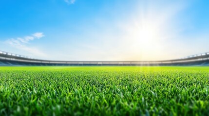 Wide Angle View of a Vibrant Soccer Stadium Under a Clear Sky at Sunset