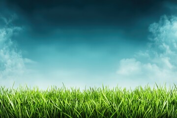 Obraz premium Futuristic Stadium Concept Design with Lush Green Grass and Blue Sky Background
