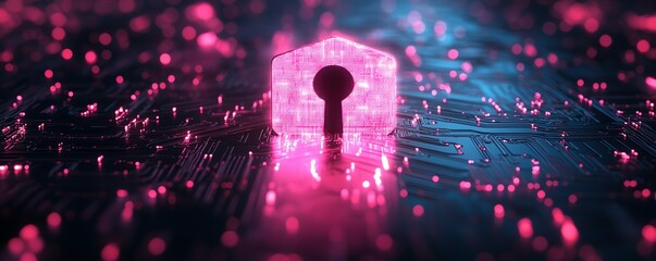 3D digital shield with keyhole on a circuit board background, glowing lines, modern technology, cybersecurity concept, hightech protection, digital network