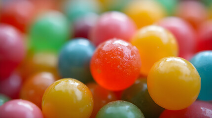 A close-up of colorful candy-coated gumballs, showcasing their glossy texture and vibrant hues. The macro shot captures the sweet details, evoking a sense of fun, nostalgia, and sugary delight.