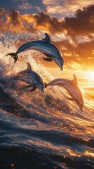 Image of Three dolphins leaping gracefully from the ocean