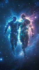 Obraz premium Two illuminated figures walking together in a cosmos filled with stars, symbolizing connection, unity, and the vastness of the universe.