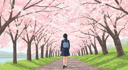 Schoolgirl Walking Under Cherry Blossoms Along Path Illustration