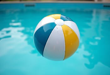 Enhance your visual storytelling with a lively beach ball gently bobbing in a clear swimming pool, representing leisure, recreation, and the simple joys of a perfect summer day.

