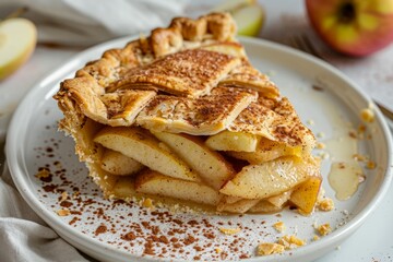 Classic apple pie slice on ceramic plate with warm lighting. Artificial intelligence image