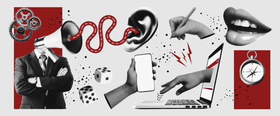 Halftone vector illustration of digital manipulation and disinformation concept. Abstract collage with propaganda, fake news, media influence, social media, technology, communication elements. Vector.