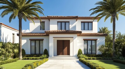 Fototapeta premium Luxury two story house with palm trees and manicured lawn on a sunny day. Real estate, architecture, and tropical living concept.