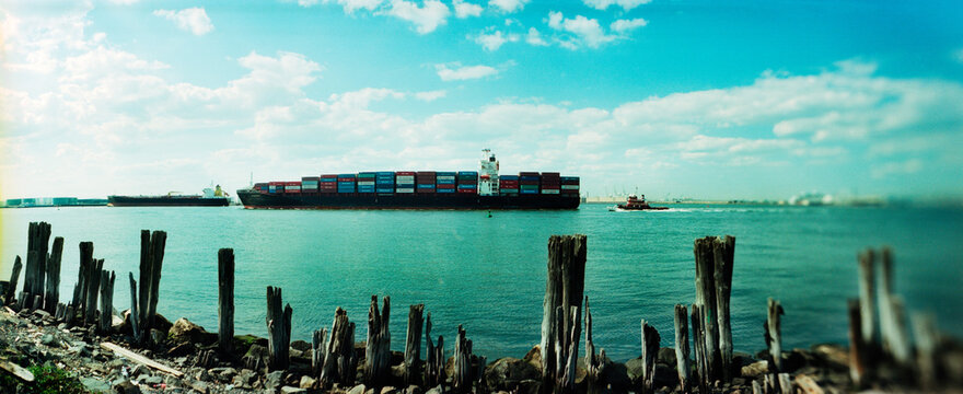 Panoramic view of container ship in a river, Staten Island, New York City, New York State, USA.