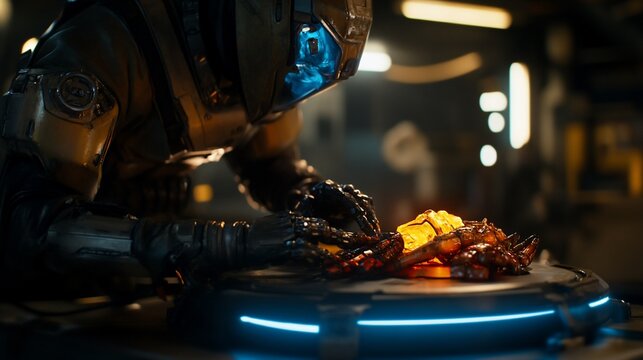 Cyberpunk Robot Examining Alien Specimen
