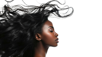 Naklejka premium Beautiful black woman with long flowing hair on transparent background
