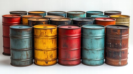 Industrial Barrels Display: A collection of colorful, weathered industrial barrels arranged to create a compelling visual, hinting at the history and utility behind the objects.