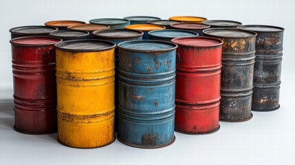 Colorful Drums: A collection of colorful and aged metal drums, showcasing the industrial use and rustic charm in a modern way.