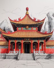Chinese dragon themed temple with red and gold decorations building design in sketch hand drawing color on plain white background
