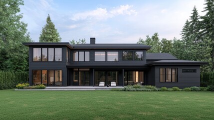 Modern house with a dark exterior and large windows, surrounded by green trees and a lawn. Architecture and real estate concept.