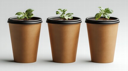 Growth in Eco Cups: Three eco-friendly cups, each delicately holding a thriving plant, showcase the potential of sustainable practices, inspiring growth and freshness