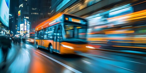 a city bus speeding down a street at night.