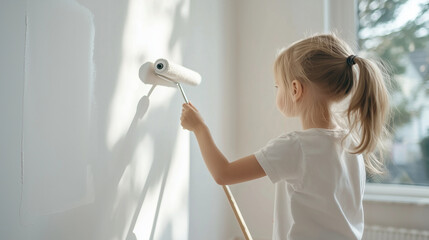 Painting a wall with a roller in a bright sunny room