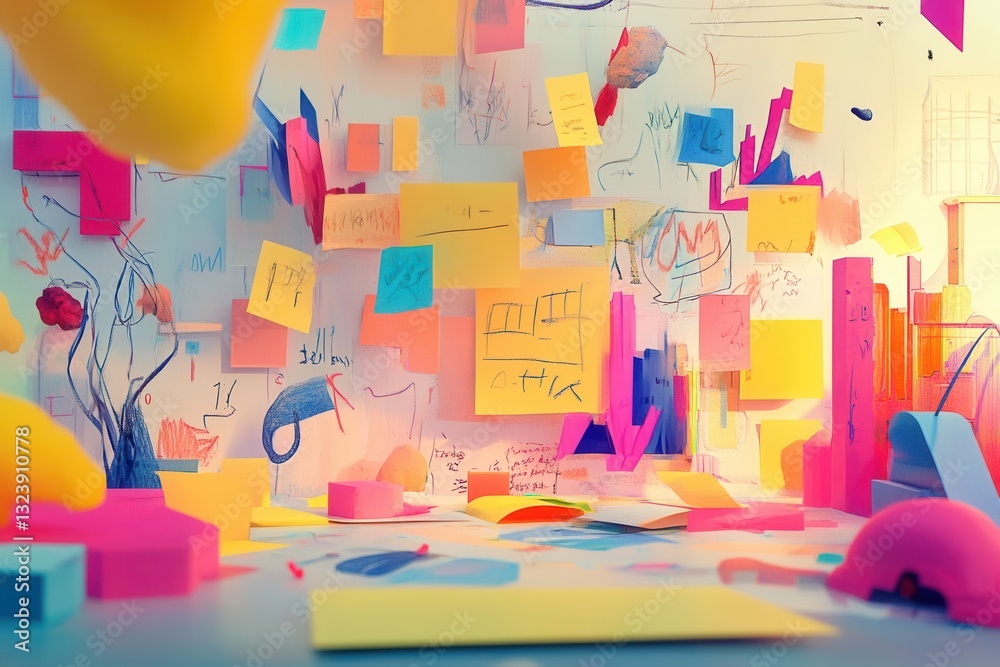 Poster creative brainstorming session with colorful sticky notes and sketches in a modern workspace filled 
