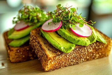 Close-up of two slices of avocado toast topped with fresh radish and sprouts, showcasing a vibrant and healthy culinary creation with rustic charm, emphasizing natural textures.