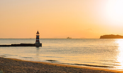 Beautiful lighthouse sunset Xunliao Bay coastline in Huizhou, Guangdong province, China, in January...